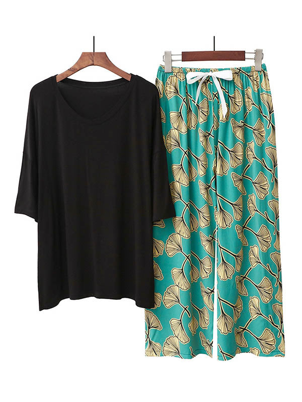 Casual Loose Seven-Quarter Sleeves V-Neck Shirts& Printed Pants Pajama Sets
