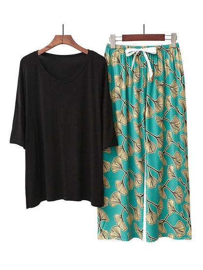 Casual Loose Seven-Quarter Sleeves V-Neck Shirts& Printed Pants Pajama Sets