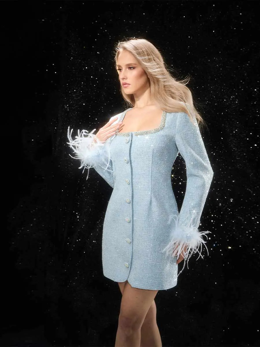 Leona Tweed Feather Cuff Mini Dress