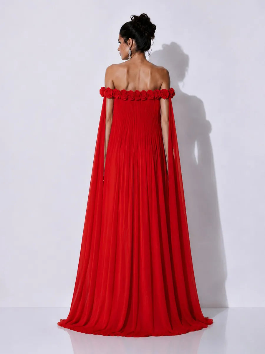 Grace 3D Floral Pleated Off-Shoulder Maxi Dress