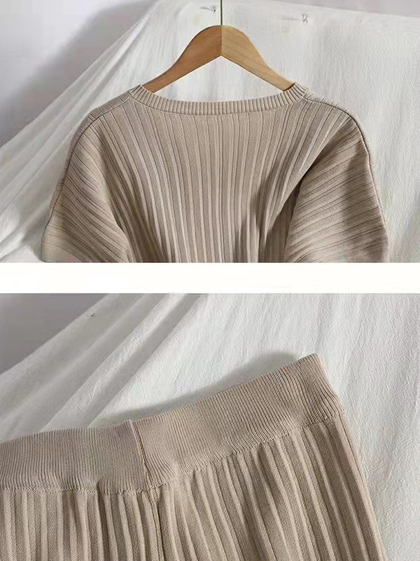 Loose Raglan Sleeve Solid Color V-Neck Sweater Top + Pants Two Pieces Set