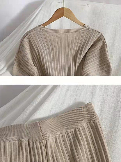 Loose Raglan Sleeve Solid Color V-Neck Sweater Top + Pants Two Pieces Set