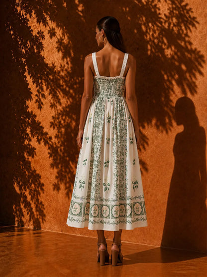 Elara Pearl-Accented Forest-Style Print Midi Dress
