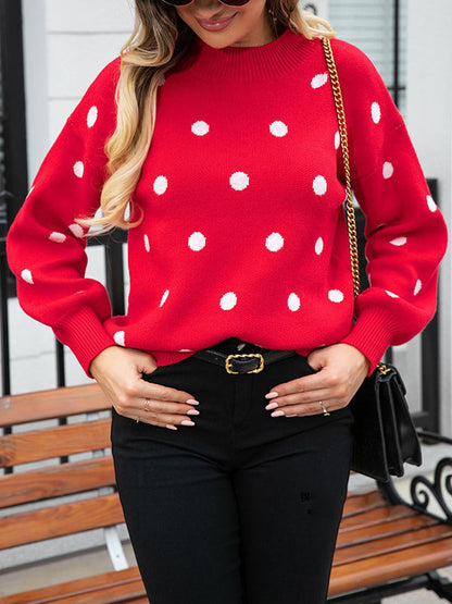 Long Sleeves Loose Polka-Dot Knitwear Pullovers Sweater Tops