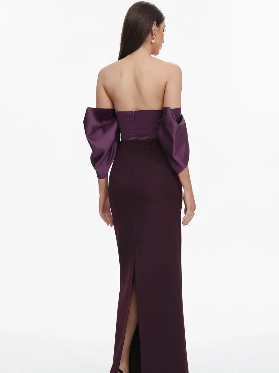 Kira Elegant Tailored Off Shoulder Pleated Satin Maxi Dress