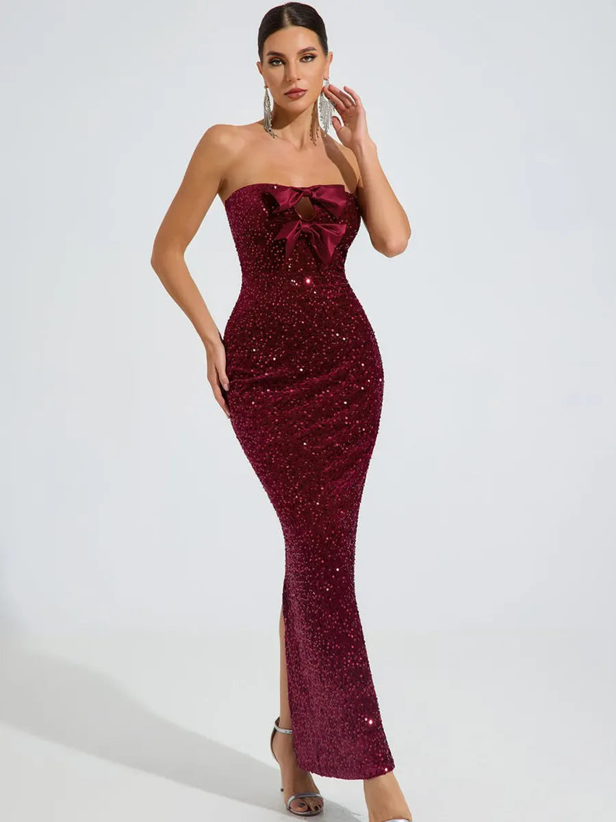 Hailey Sequin Bow Strapless Maxi Dress