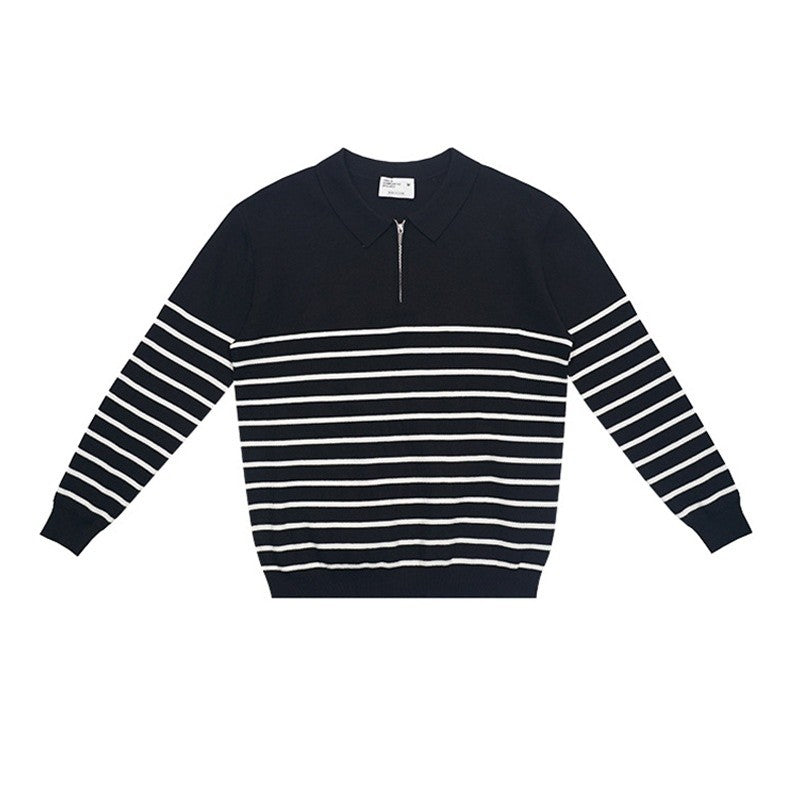 Color Block Striped Semi Zip Polo Shirt