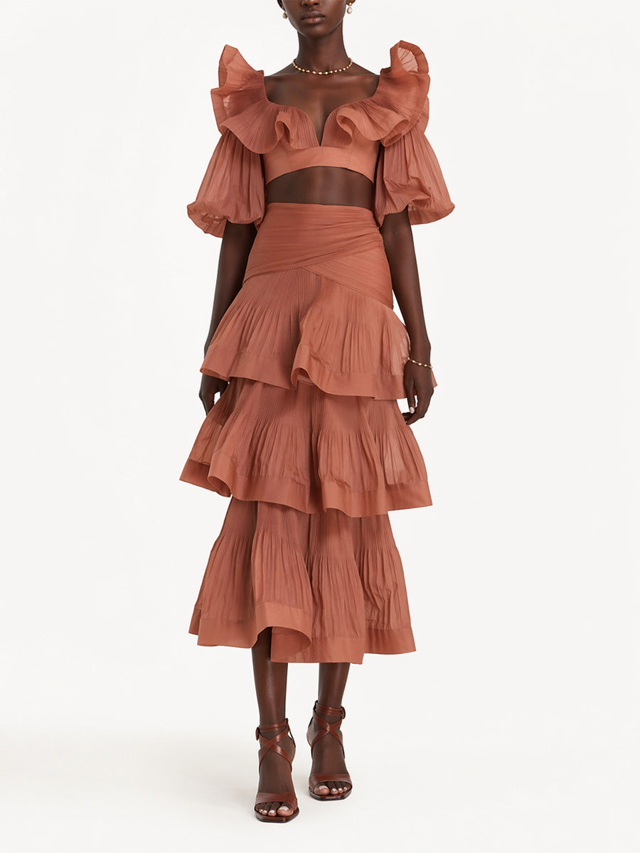 Willow Tiered Short-Sleeve Top & Long Skirt Two-Piece Set