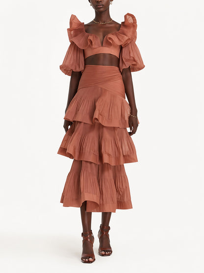 Willow Tiered Short-Sleeve Top & Long Skirt Two-Piece Set