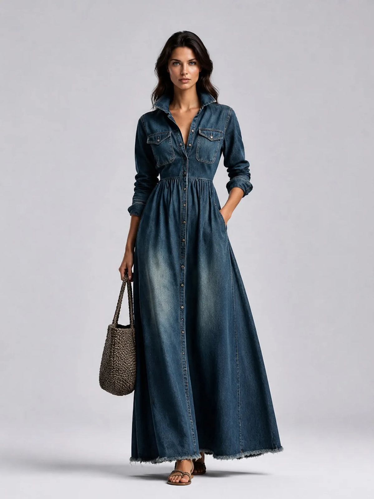 Aubrey Retro-style Long-sleeved Denim Maxi Dress