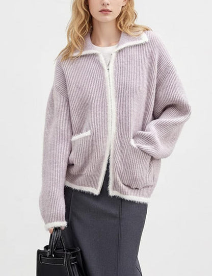 Soft Color Block Zipper Lapel Pocket Knit Cardigan