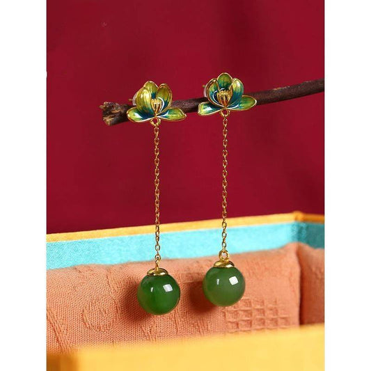 Jasper Lotus Heart Tibetan Style Enamel Color Lotus 925 Silver Jade Earrings Women'S Fringed Earrings