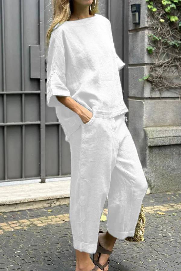 Casual Solid Color Crewneck Top \u0026 Pants Cotton Linen Two-piece Set