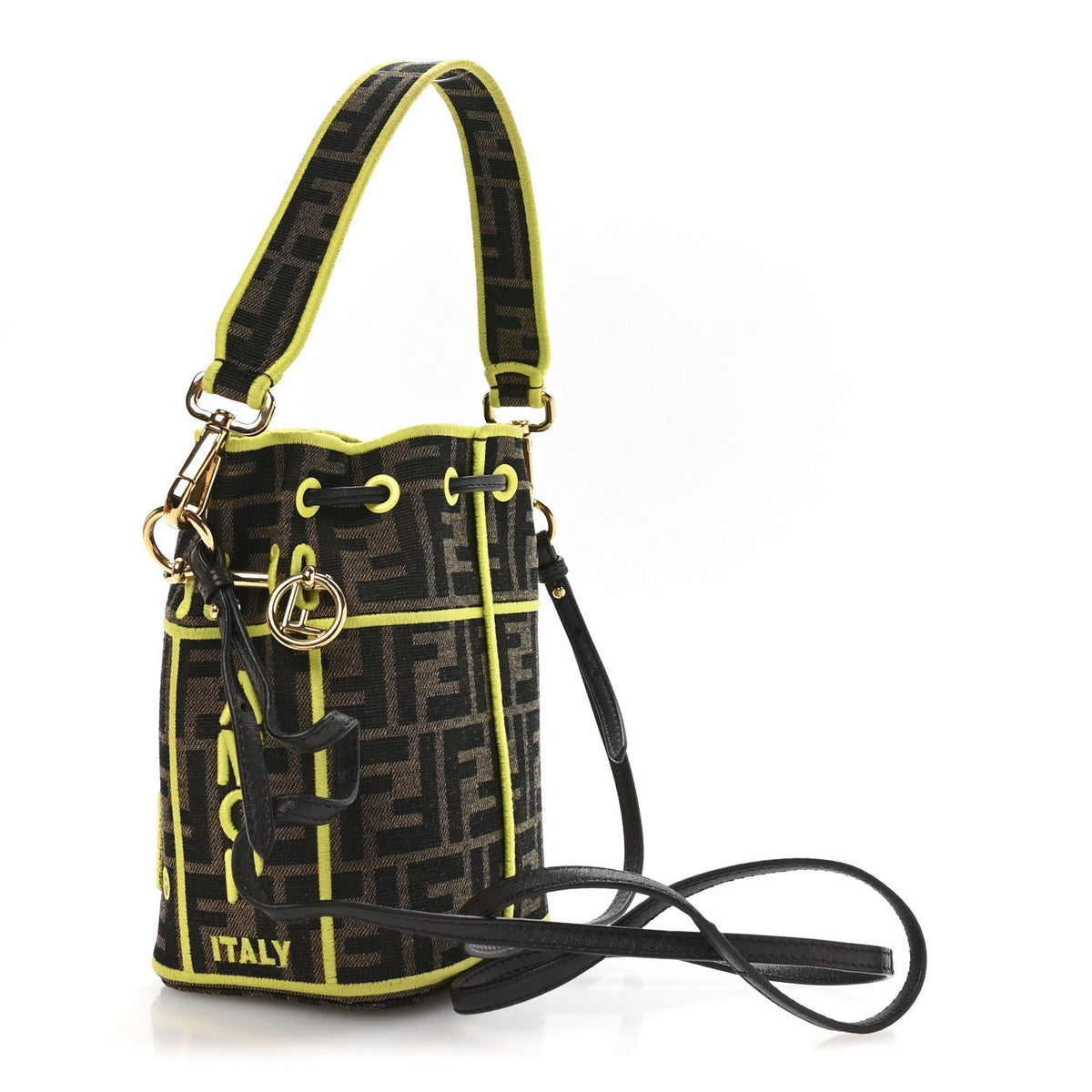 Fabric Jacquard Shiny Nappa FF 1974 Logo Threaded Edge Mini Mon Tresor Bucket Bag Tobacco Moro Giallo Fluo