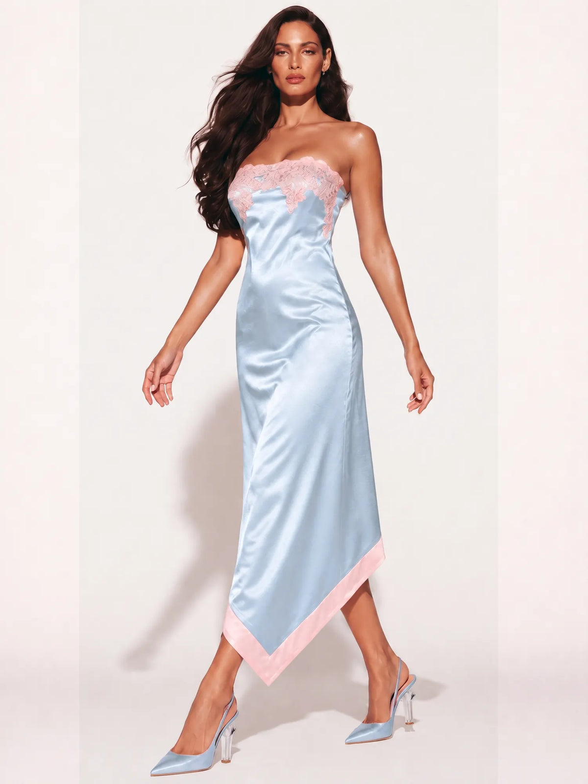 Anastasia Color-Block Lace Strapless Midi Dress