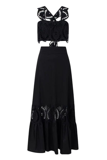 Summer City Hollow Lace Crop Tank and Elastic Waist Pocketed A-line Maxi Skirt Set