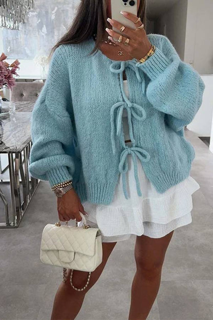 Stylish Solid Color Crew Neck Lace-up Sweater
