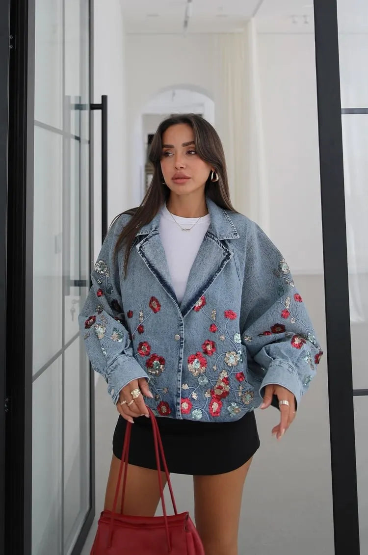 Liora Floral Sequin Denim Jacket In Light Blue