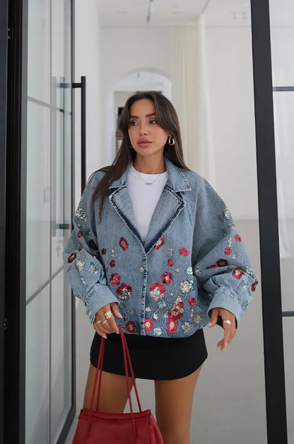 Liora Floral Sequin Denim Jacket In Light Blue