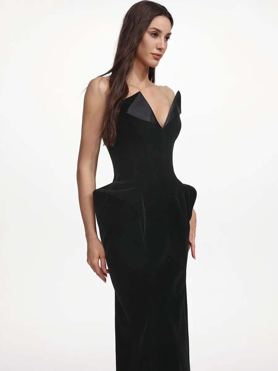 Imelda Chic Tailored Strapless Sculpted Velvet Maxi Dress