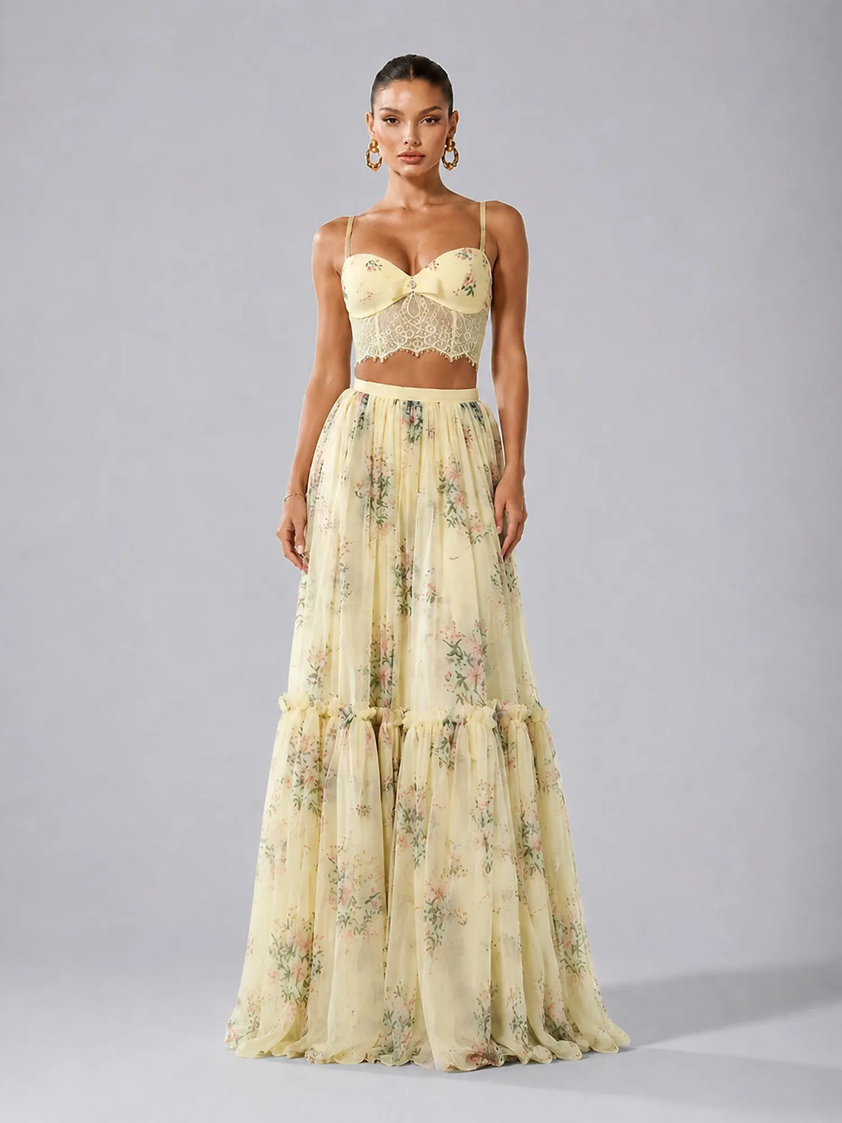 Cyra Chiffon Floral Print Maxi Skirt Set