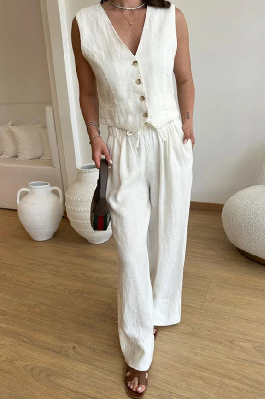 Casual Solid Color Cotton Linen Vest \u0026 Lace-Up Pants Two-Piece Set