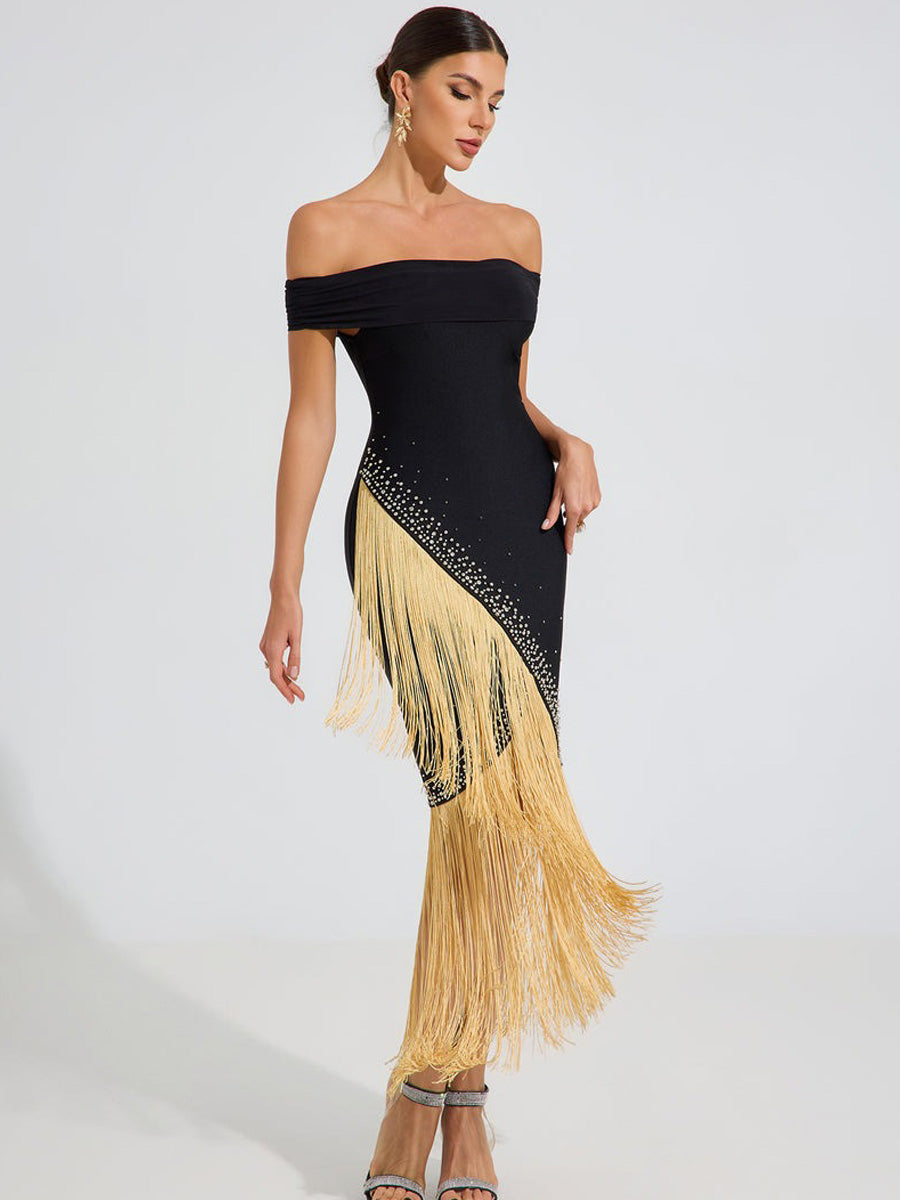 Taylor Gold Fringe Elegance Midi Dress In Black