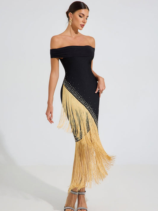 Taylor Gold Fringe Elegance Midi Dress In Black