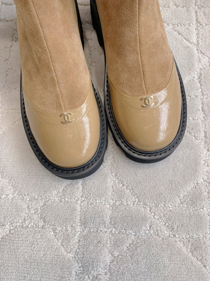 CC New Platform Ankle Boots Light Brown Suede Glossy Sheepskin