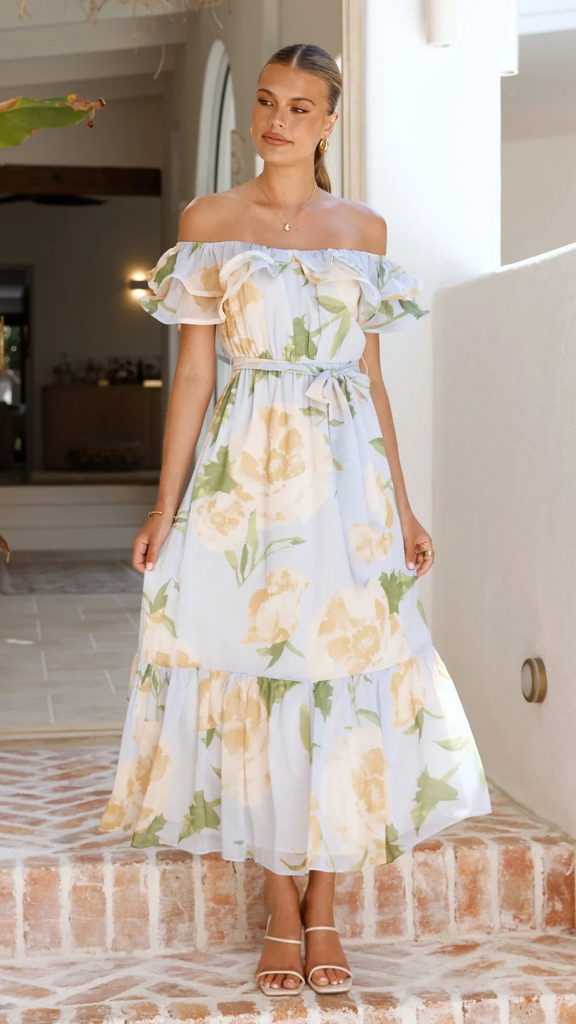 Chase Off Shoulder Maxi Dress - Blue/Peach Floral