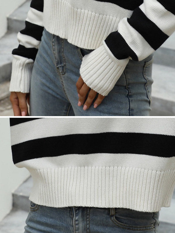 Simple Loose Striped Lapel Collar Long Sleeves Sweater Tops