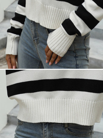 Simple Loose Striped Lapel Collar Long Sleeves Sweater Tops