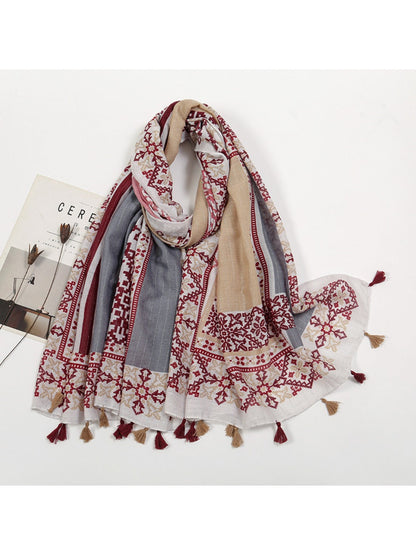 Sscarvii - Bohemian Tassel Print Scarf