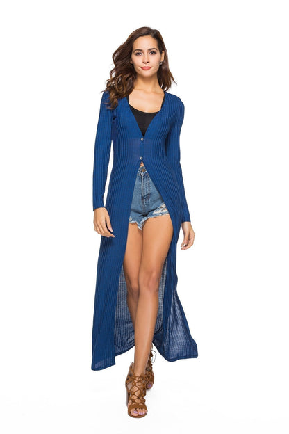 Solid Color Long Loose Sweater Coat Female V-Neck Casual Cardigan