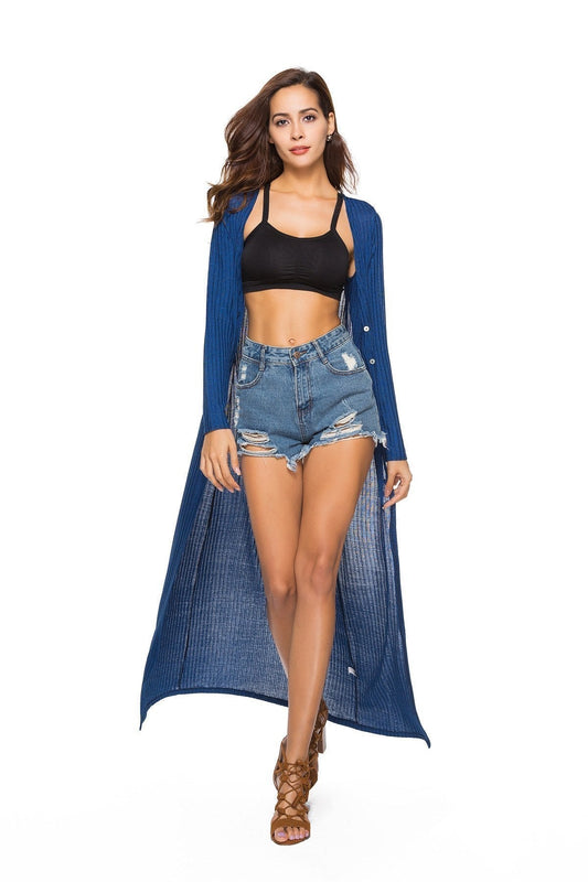 Solid Color Long Loose Sweater Coat Female V-Neck Casual Cardigan