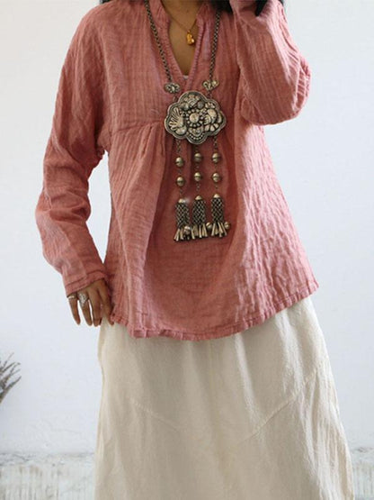 Solid Color Long Sleeve Linen Cotton Loose Tops Blouse