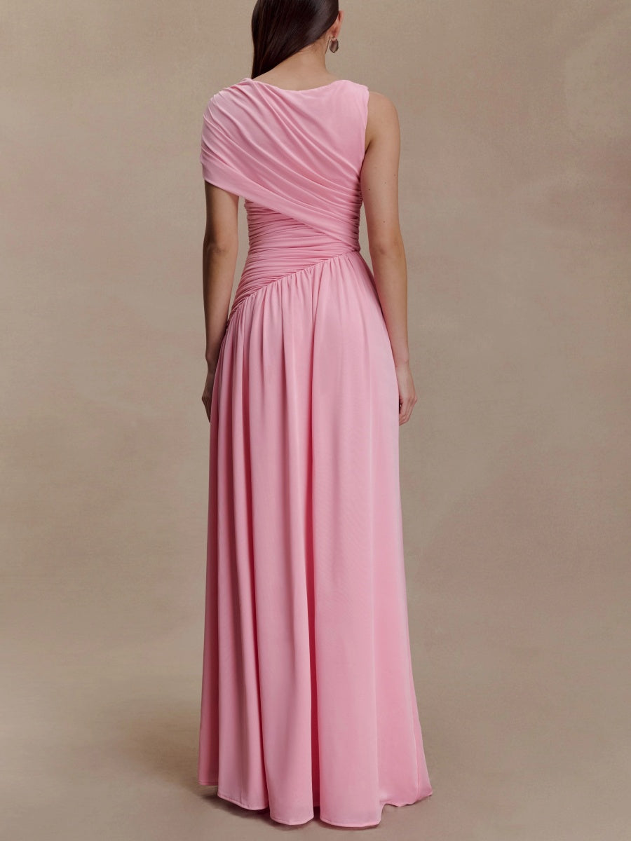 Lila One-Shoulder Ruched Chiffon Maxi Dress