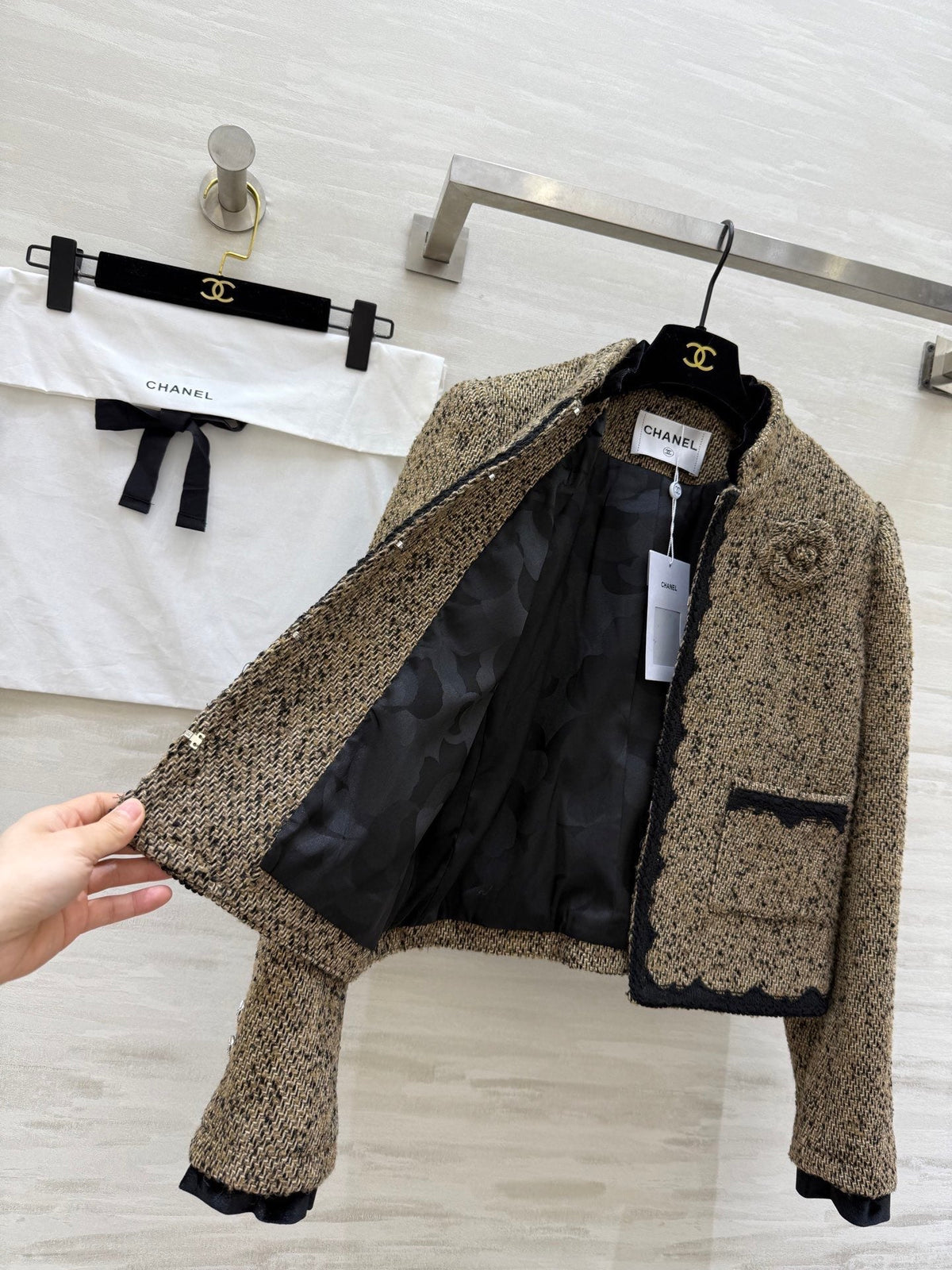 CC 26s Coat 3D Floral Embellished Beige Wool Blend Tweed