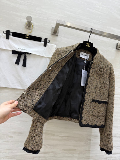 CC 26s Coat 3D Floral Embellished Beige Wool Blend Tweed