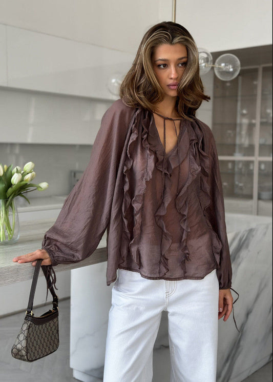 Sheer Polyester Blouse With Ruffle Tie Details