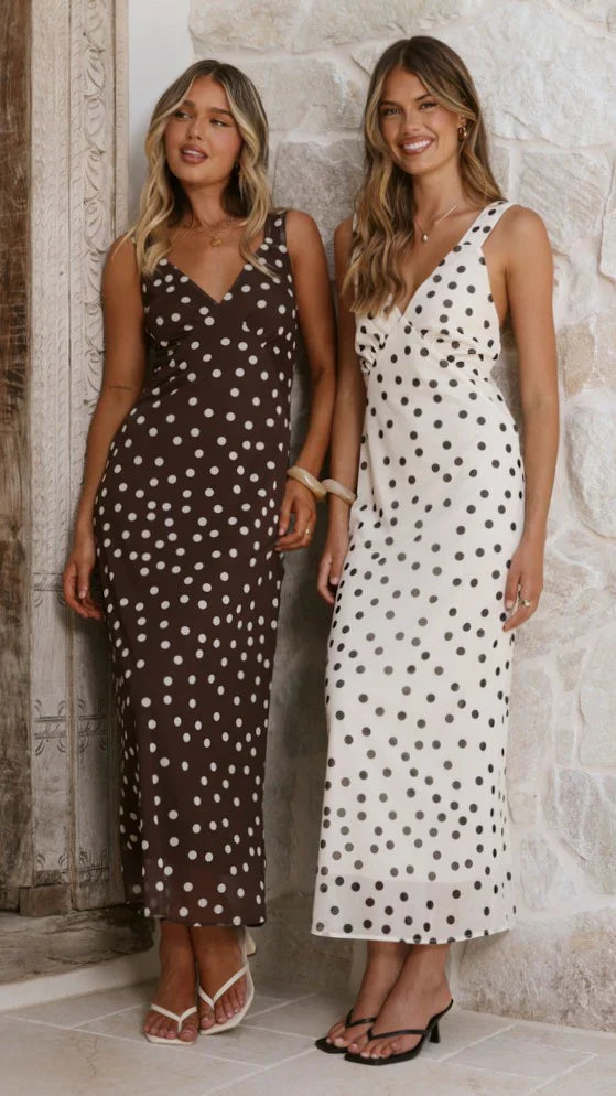 Cassara Maxi Dress - Chocolate / White Polka Dot