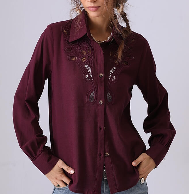 Hollow Embroidered Lapel Button Down Shirt