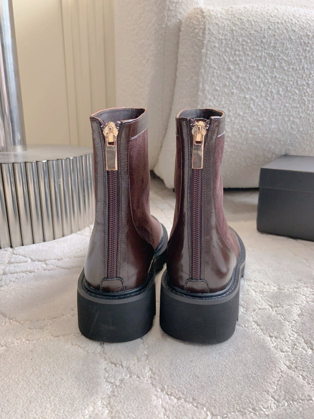 CC New Platform Ankle Boots Dark Burgundy Suede Glossy Sheepskin