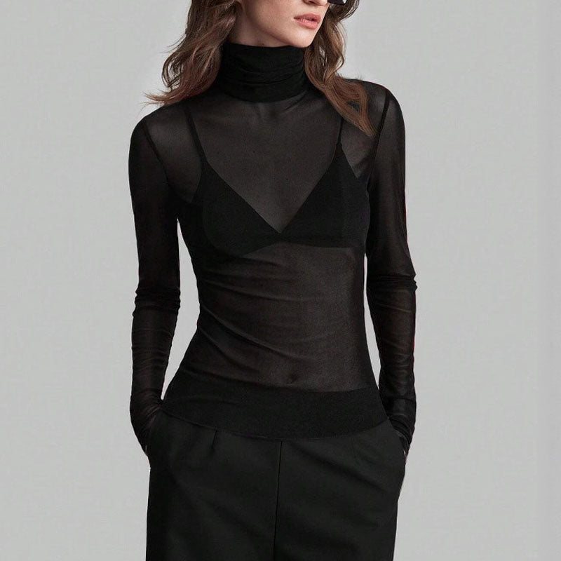 Mesh High Neck Long Sleeve Sheer Blouse