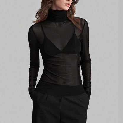 Mesh High Neck Long Sleeve Sheer Blouse