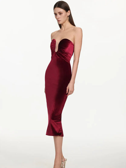 Giovanna Romantic Contour Strapless Ruched Velvet Maxi Dress