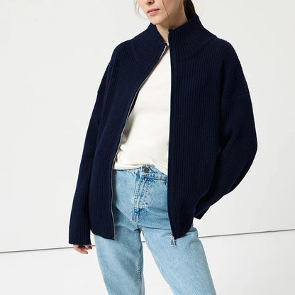 Simple Ribbed Knit Mock Neck Zip Up Cardigan
