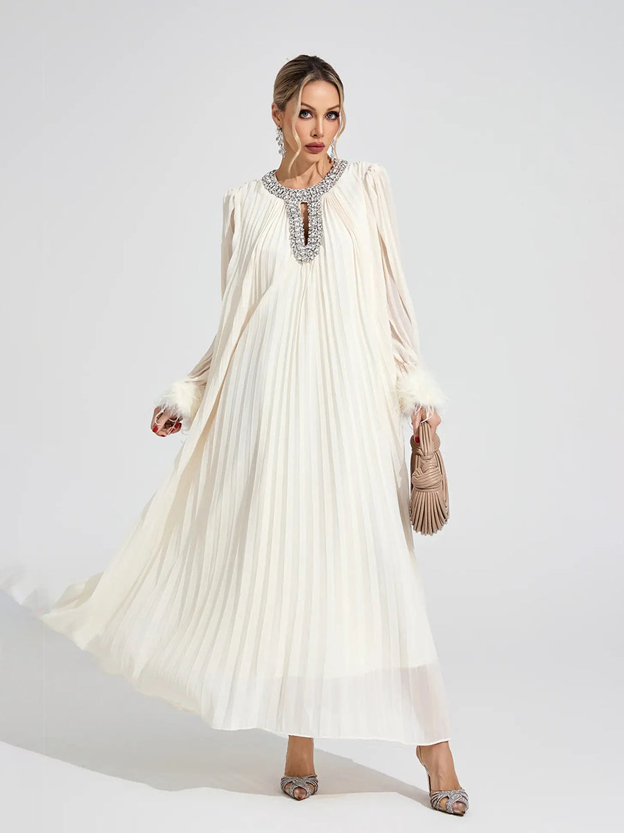 Elara Pleated Feather-Cuff Crystal-Embellished Maxi Dress