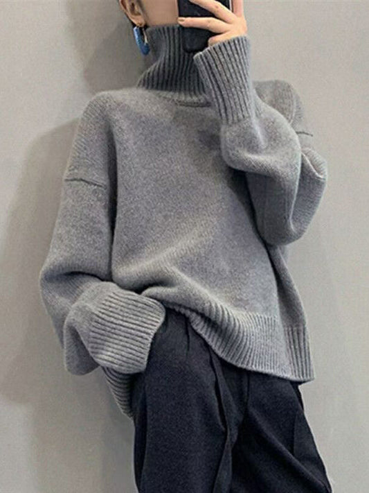 Long Sleeves Loose Pleated Solid Color Split-Joint High Neck Sweater