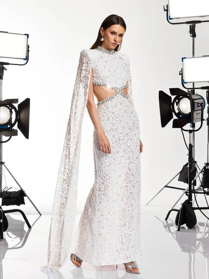 Savannah Cape Sleeve Rhinestone Cutout Maxi Dress